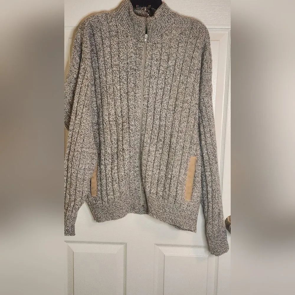 Vtg Orvis L Gray USA Knit FullZipp Pockets Elbow Patches WOOL Blend Men Sweater
